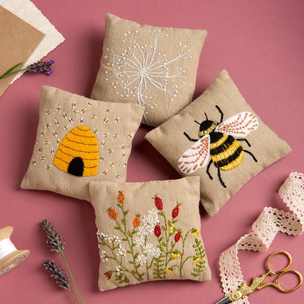 Linen Lavender Bags Embroidery Kit - Bees - Corinne Lapierre Limited