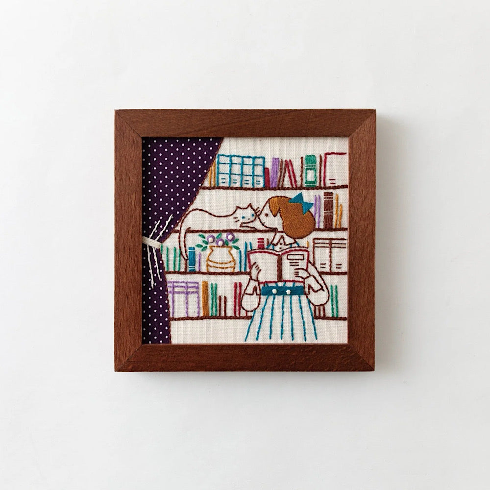 ‘Life with a Cat’ Book Shelf Framed Embroidery Kit - LECIEN COSMO