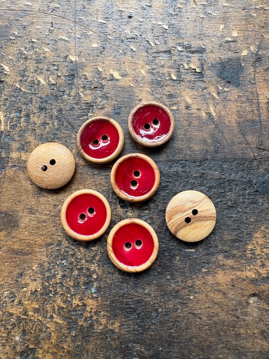 Two Holes Olive Wood Buttons with Enamel Centre - 15 mm