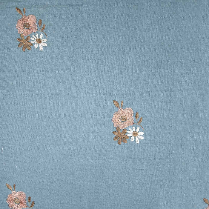Blue Mousseline Embroidered With Floral Motifs - 100% cotton - Katia Fabrics €15.50 pm