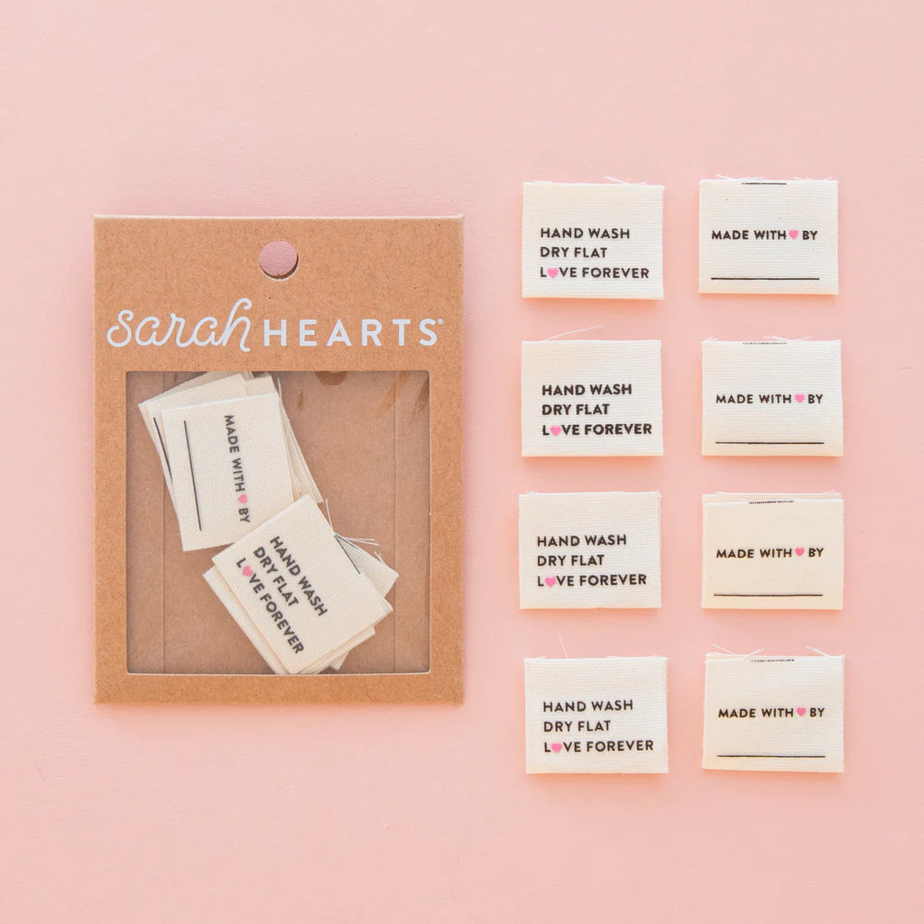 Hand Wash Dry Flat Organic Cotton Woven Labels- Sarah Hearts
