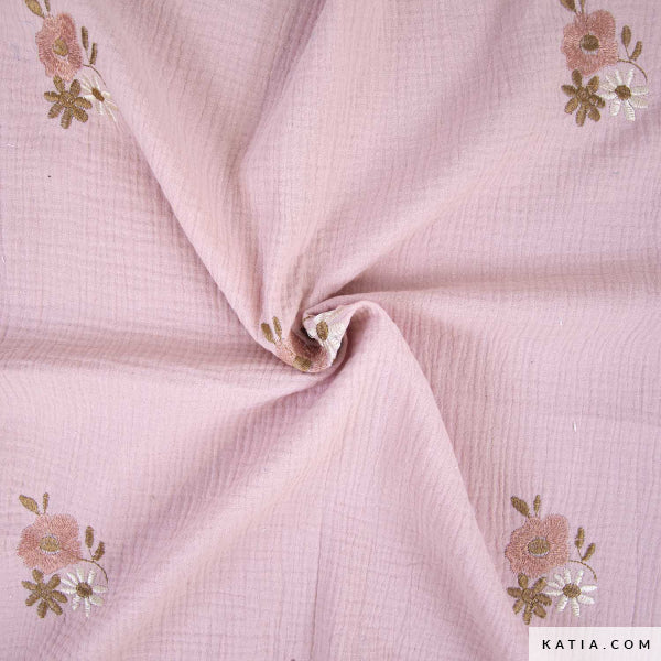 Pink Mousseline Embroidered With Floral Motifs - 100% cotton - Katia Fabrics €15.50 pm
